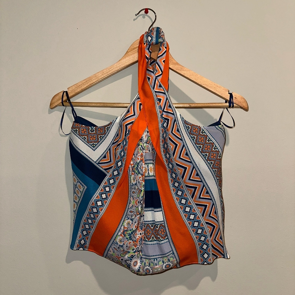 Ramy Brook Vibrant Orange and Blue Silk Halter Top